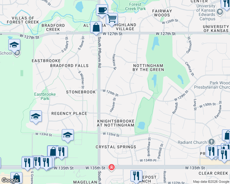 map of restaurants, bars, coffee shops, grocery stores, and more near 13302 West 129th Street in Overland Park