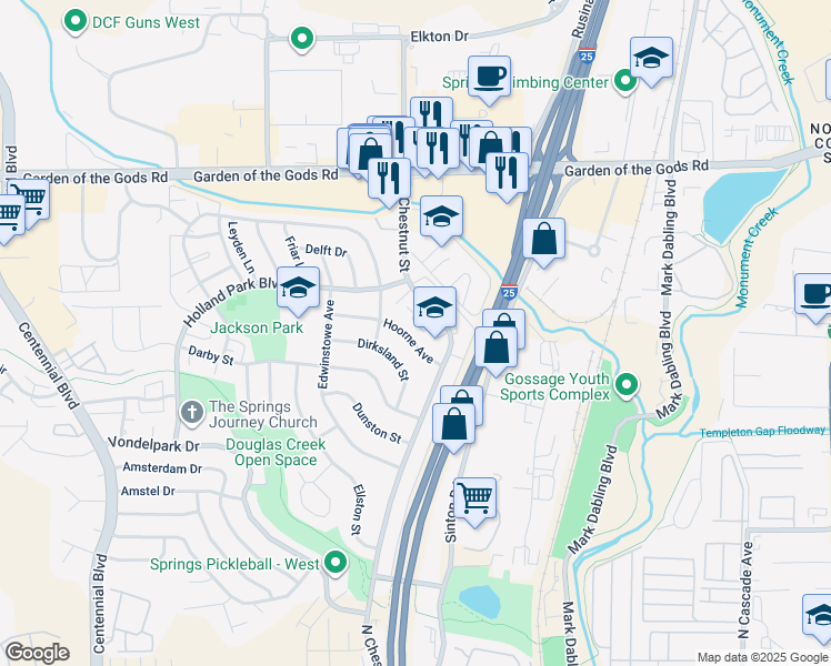 map of restaurants, bars, coffee shops, grocery stores, and more near 802 Hoorne Avenue in Colorado Springs