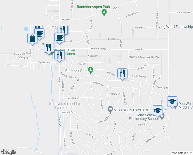 map of restaurants, bars, coffee shops, grocery stores, and more near 749 Bluerock Road in Gardnerville