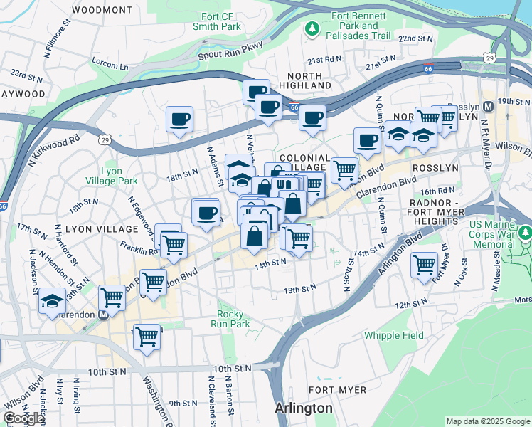 map of restaurants, bars, coffee shops, grocery stores, and more near 2111 Wilson Boulevard in Arlington
