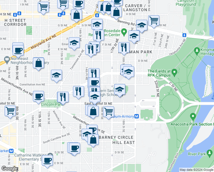 map of restaurants, bars, coffee shops, grocery stores, and more near 1621 Constitution Avenue Northeast in Washington