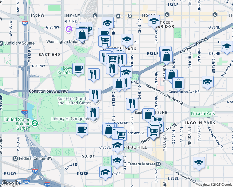 map of restaurants, bars, coffee shops, grocery stores, and more near 305 Constitution Avenue Northeast in Washington