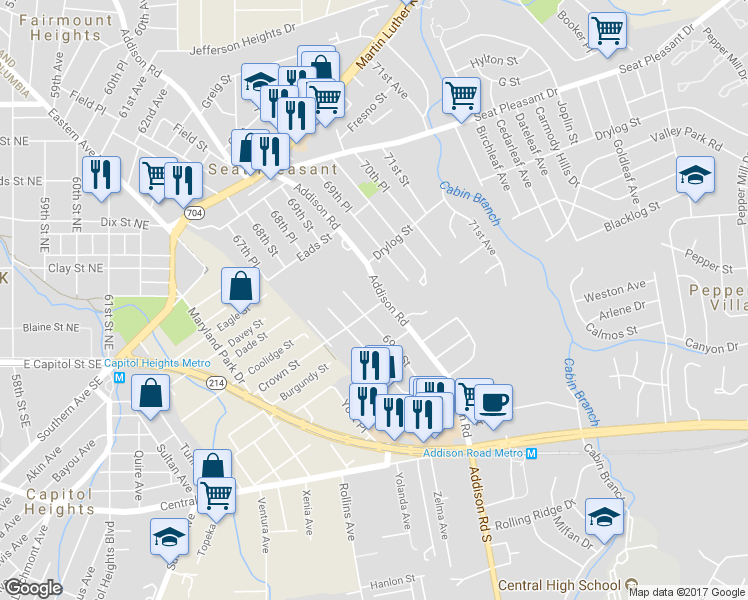 map of restaurants, bars, coffee shops, grocery stores, and more near 6033 Addison Road in Capitol Heights