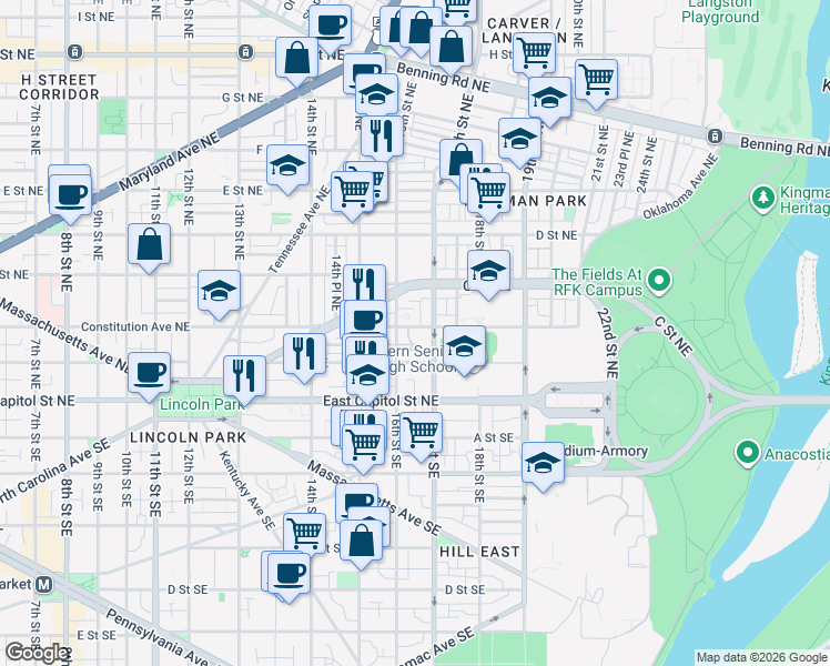 map of restaurants, bars, coffee shops, grocery stores, and more near 101 Independence Avenue Southeast in Washington