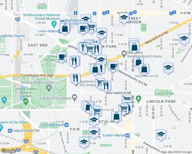 map of restaurants, bars, coffee shops, grocery stores, and more near 319 Constitution Avenue Northeast in Washington