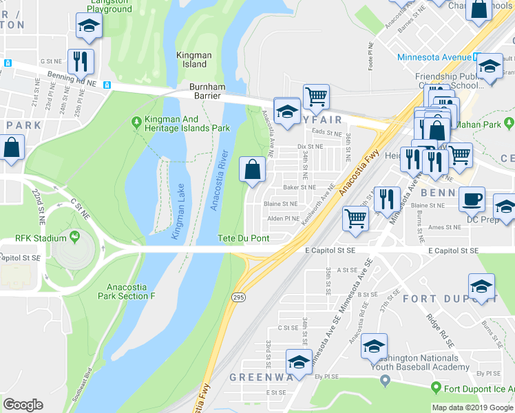 map of restaurants, bars, coffee shops, grocery stores, and more near 152 33rd Street Northeast in Washington