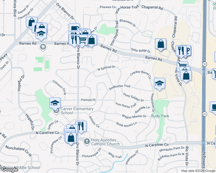 map of restaurants, bars, coffee shops, grocery stores, and more near 4166 Sod House Trail in Colorado Springs