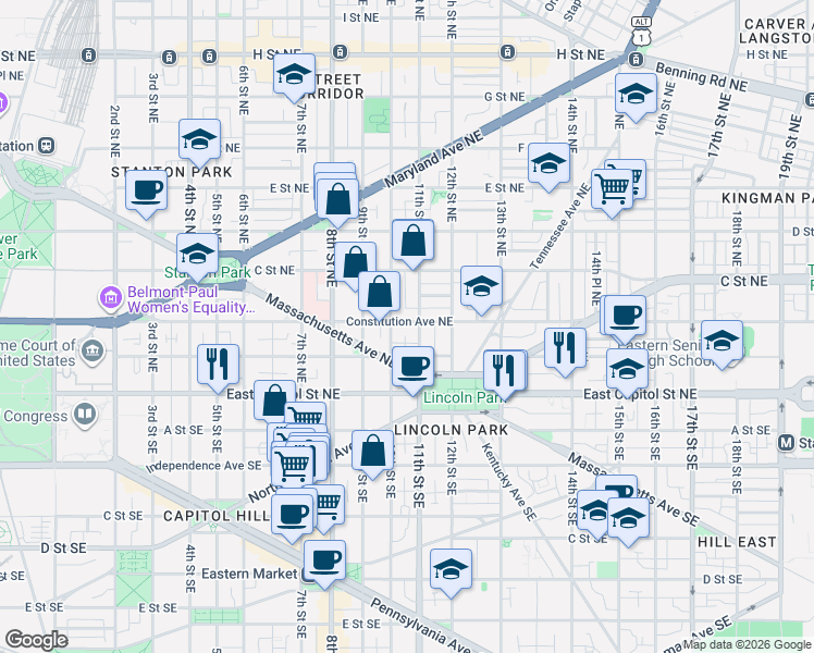 map of restaurants, bars, coffee shops, grocery stores, and more near 101 Independence Avenue Southeast in Washington