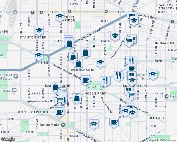 map of restaurants, bars, coffee shops, grocery stores, and more near 155 11th Street Northeast in Washington