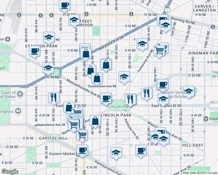 map of restaurants, bars, coffee shops, grocery stores, and more near 155 11th Street Northeast in Washington