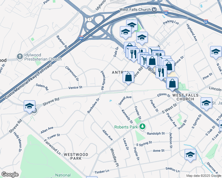 map of restaurants, bars, coffee shops, grocery stores, and more near 7216 Shreve Road in Falls Church
