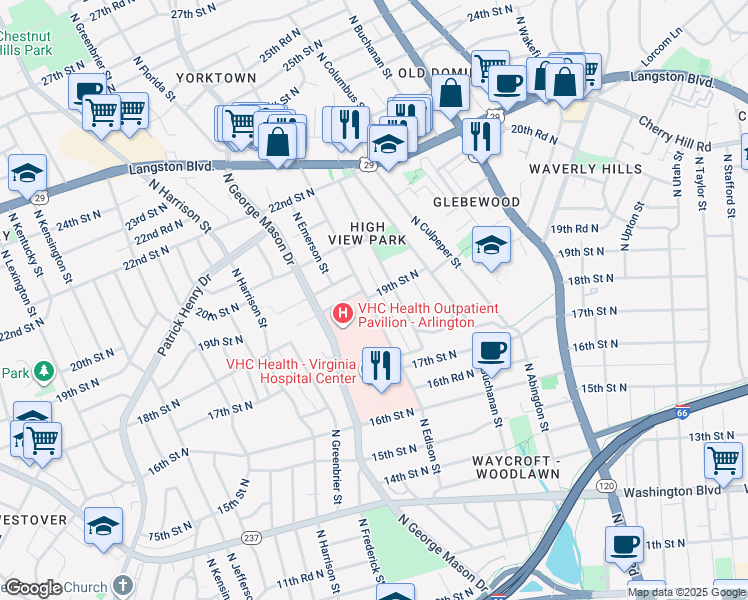 map of restaurants, bars, coffee shops, grocery stores, and more near 1749 North Edison Street in Arlington