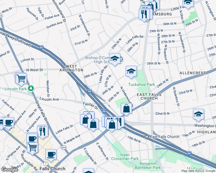 map of restaurants, bars, coffee shops, grocery stores, and more near 6744 27th Street North in Arlington