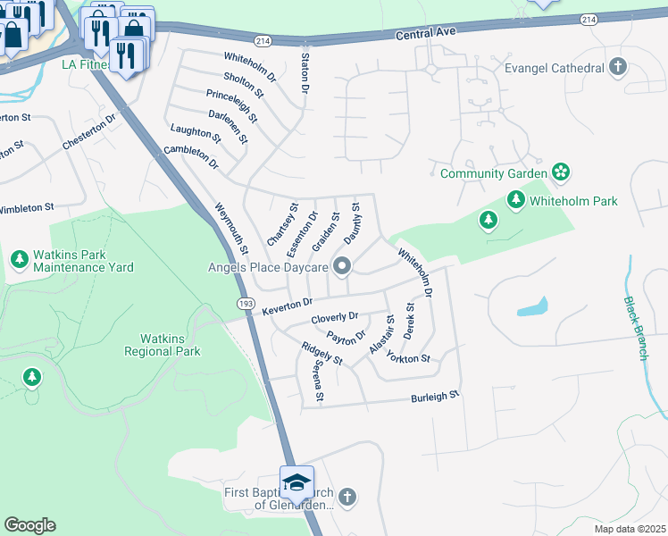 map of restaurants, bars, coffee shops, grocery stores, and more near 208 Dauntly Street in Upper Marlboro