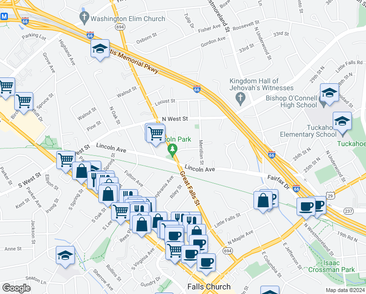 map of restaurants, bars, coffee shops, grocery stores, and more near 600 Dorchester Road in Falls Church