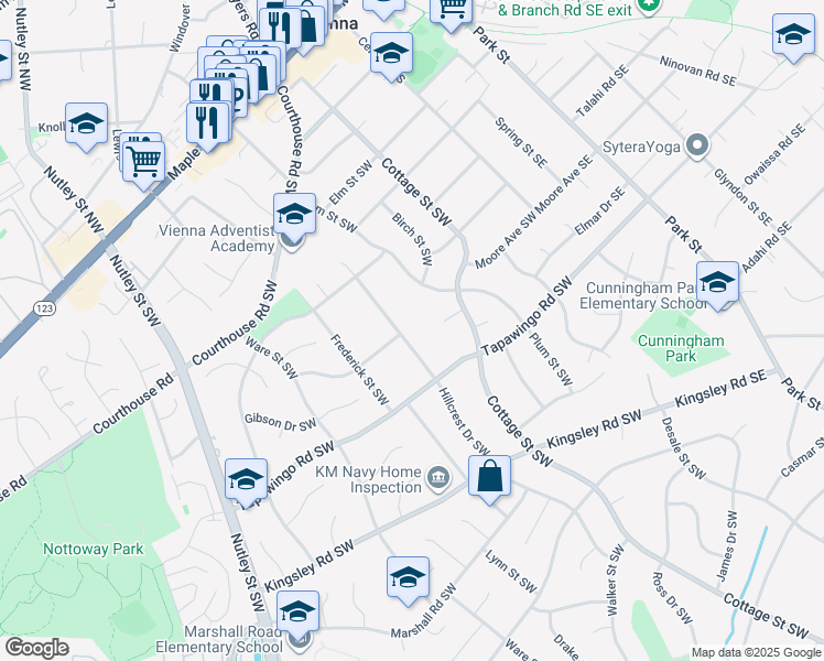 map of restaurants, bars, coffee shops, grocery stores, and more near 701 Hillcrest Drive Southwest in Vienna