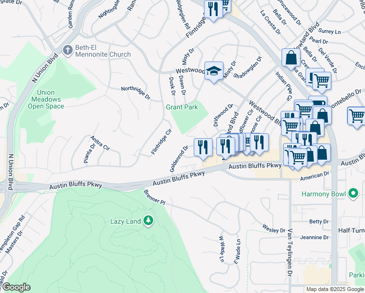 map of restaurants, bars, coffee shops, grocery stores, and more near 4106 Goldenrod Drive in Colorado Springs
