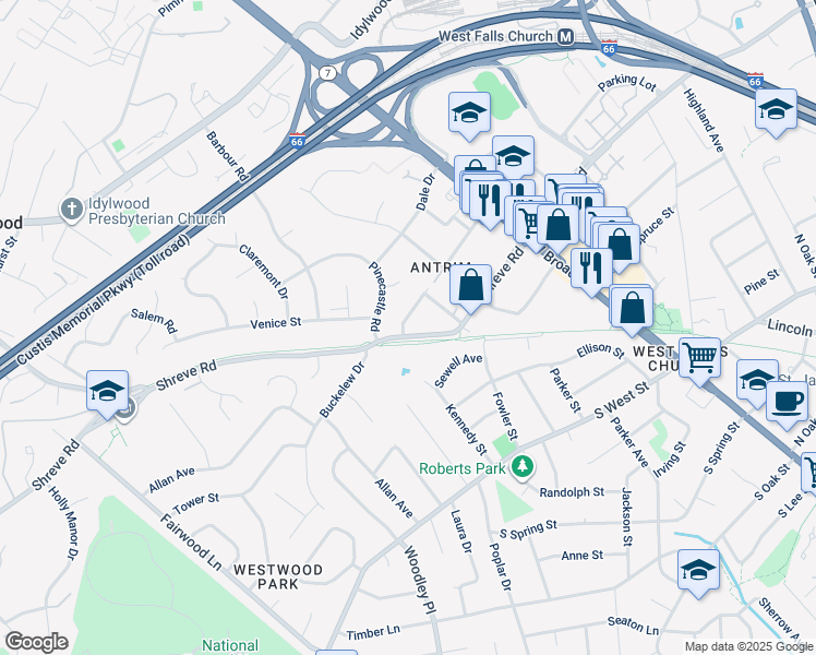 map of restaurants, bars, coffee shops, grocery stores, and more near 7216 Shreve Road in Falls Church