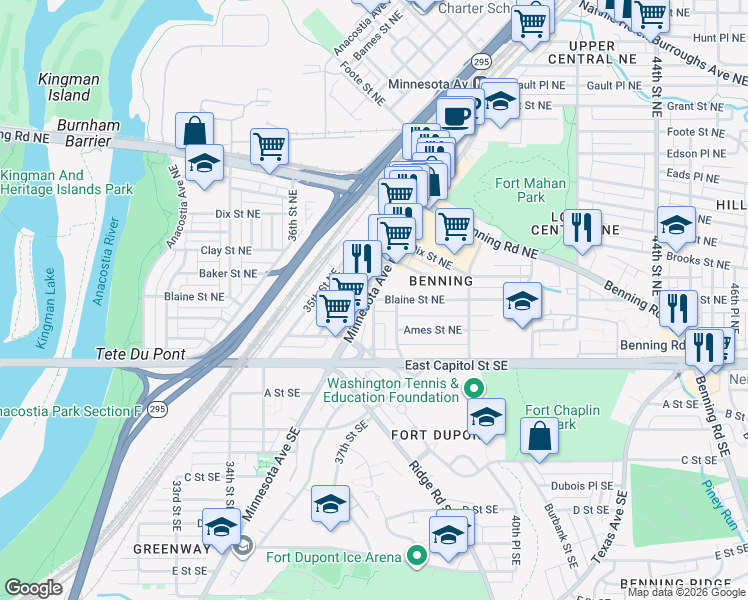 map of restaurants, bars, coffee shops, grocery stores, and more near Anacostia Rd NE & Blaine St NE in Washington