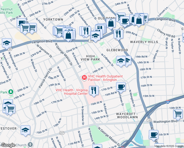 map of restaurants, bars, coffee shops, grocery stores, and more near 1749 North Edison Street in Arlington