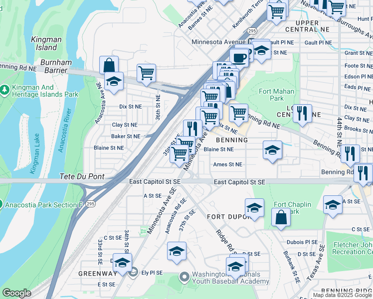 map of restaurants, bars, coffee shops, grocery stores, and more near 157 36th Street Northeast in Washington
