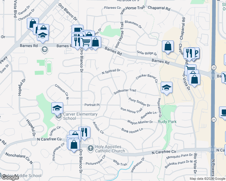 map of restaurants, bars, coffee shops, grocery stores, and more near 4166 Sod House Trail in Colorado Springs