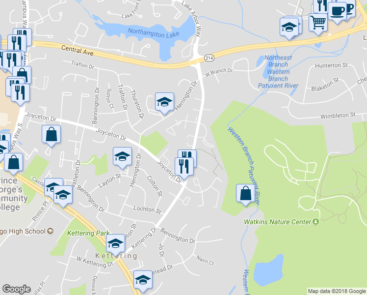 map of restaurants, bars, coffee shops, grocery stores, and more near 11309 Kettering Circle in Upper Marlboro