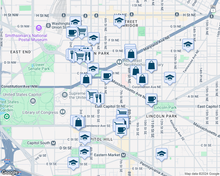 map of restaurants, bars, coffee shops, grocery stores, and more near 101 Independence Avenue Southeast in Washington