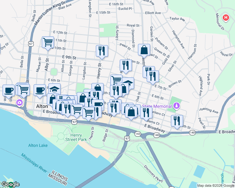 map of restaurants, bars, coffee shops, grocery stores, and more near 504 Ridge Street in Alton