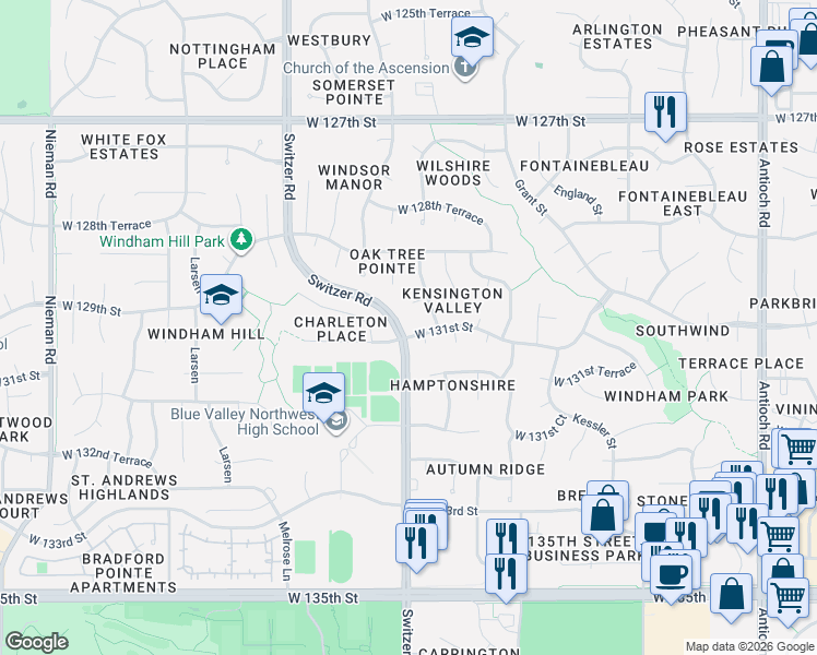 map of restaurants, bars, coffee shops, grocery stores, and more near 10300 West 131st Street in Overland Park