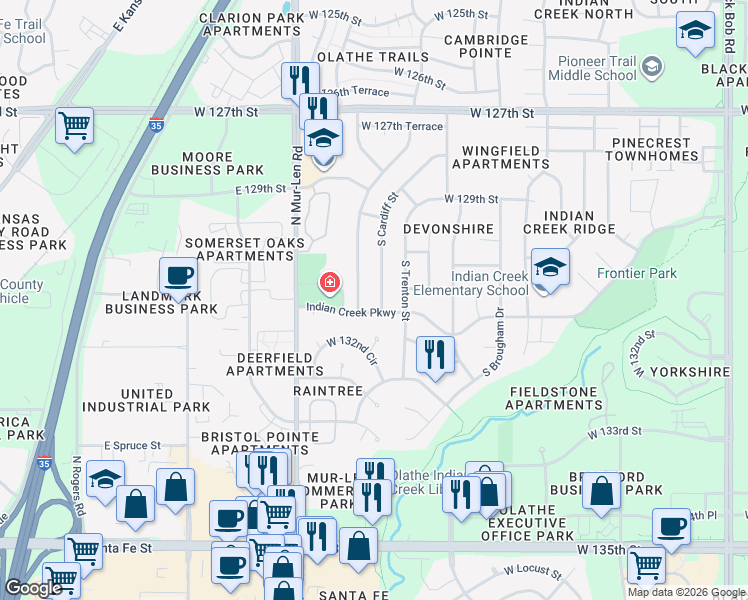 map of restaurants, bars, coffee shops, grocery stores, and more near 13028 South Cardiff Street in Olathe