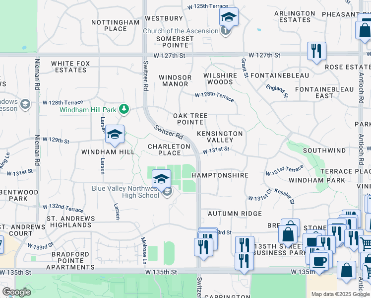 map of restaurants, bars, coffee shops, grocery stores, and more near 13057 Stearns Street in Overland Park