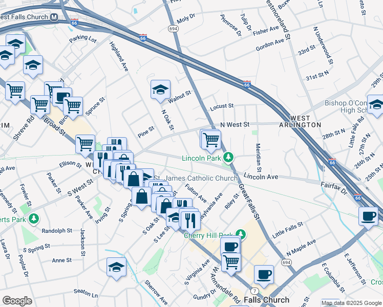 map of restaurants, bars, coffee shops, grocery stores, and more near 504 North Oak Street in Falls Church