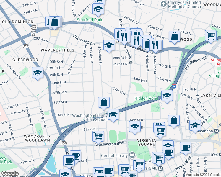 map of restaurants, bars, coffee shops, grocery stores, and more near 1648 North Randolph Street in Arlington