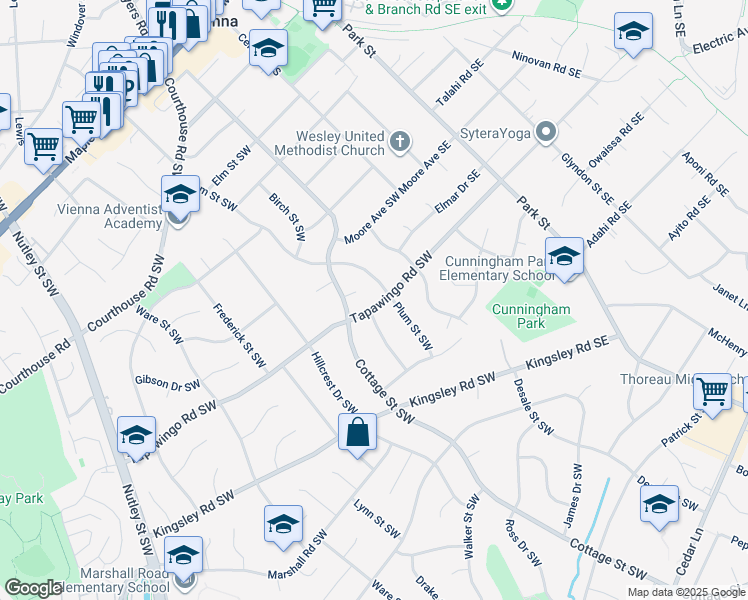 map of restaurants, bars, coffee shops, grocery stores, and more near 203 Tapawingo Road Southwest in Vienna
