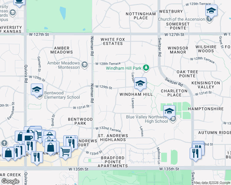 map of restaurants, bars, coffee shops, grocery stores, and more near 10811 West 129th Street in Overland Park