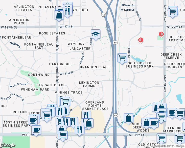 map of restaurants, bars, coffee shops, grocery stores, and more near 8117 West 131st Place in Overland Park