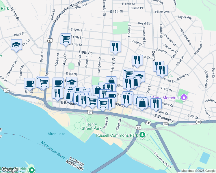 map of restaurants, bars, coffee shops, grocery stores, and more near 420 Henry Street in Alton