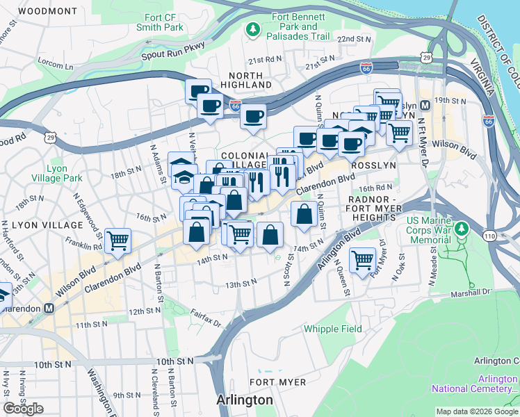 map of restaurants, bars, coffee shops, grocery stores, and more near 2001 Clarendon Boulevard in Arlington