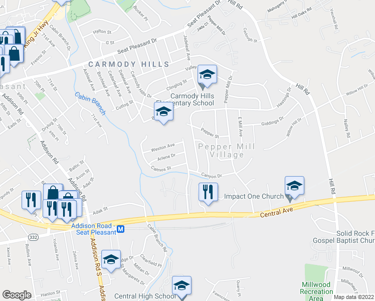 map of restaurants, bars, coffee shops, grocery stores, and more near 123 Cindy Lane in Capitol Heights