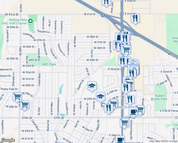 map of restaurants, bars, coffee shops, grocery stores, and more near 3200 Ash Street in Hays