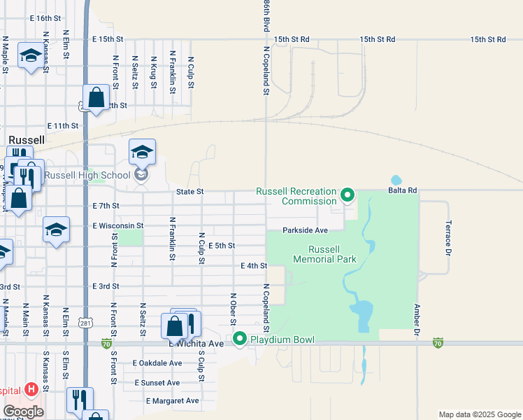 map of restaurants, bars, coffee shops, grocery stores, and more near 970 East 7th Street in Russell