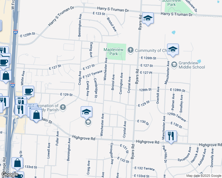 map of restaurants, bars, coffee shops, grocery stores, and more near 12804 Bristol Avenue in Grandview
