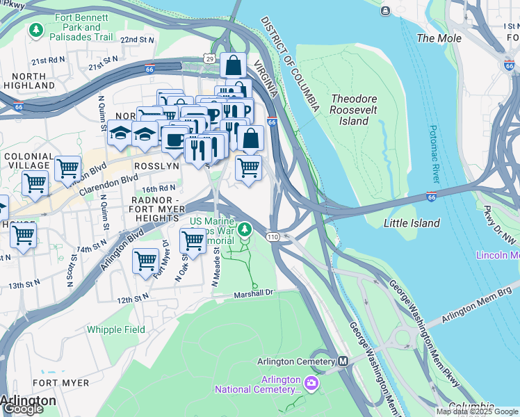 map of restaurants, bars, coffee shops, grocery stores, and more near 1011 Arlington Boulevard in Arlington