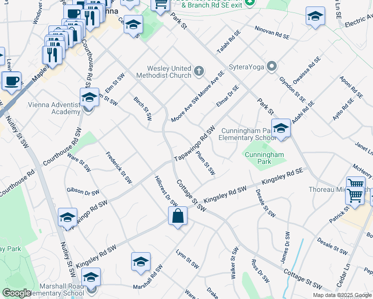 map of restaurants, bars, coffee shops, grocery stores, and more near 203 Tapawingo Road Southwest in Vienna