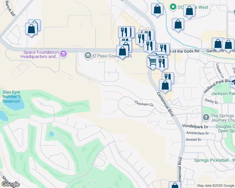 map of restaurants, bars, coffee shops, grocery stores, and more near 1513 Chutney Court in Colorado Springs