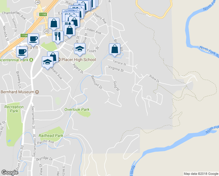 map of restaurants, bars, coffee shops, grocery stores, and more near 145 Woodcrest Way in Auburn