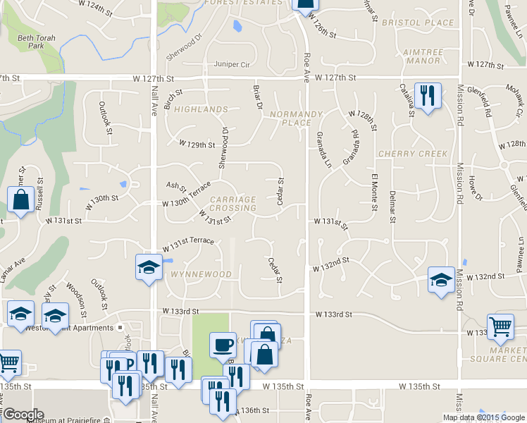 map of restaurants, bars, coffee shops, grocery stores, and more near 4952 West 130th Terrace in Leawood