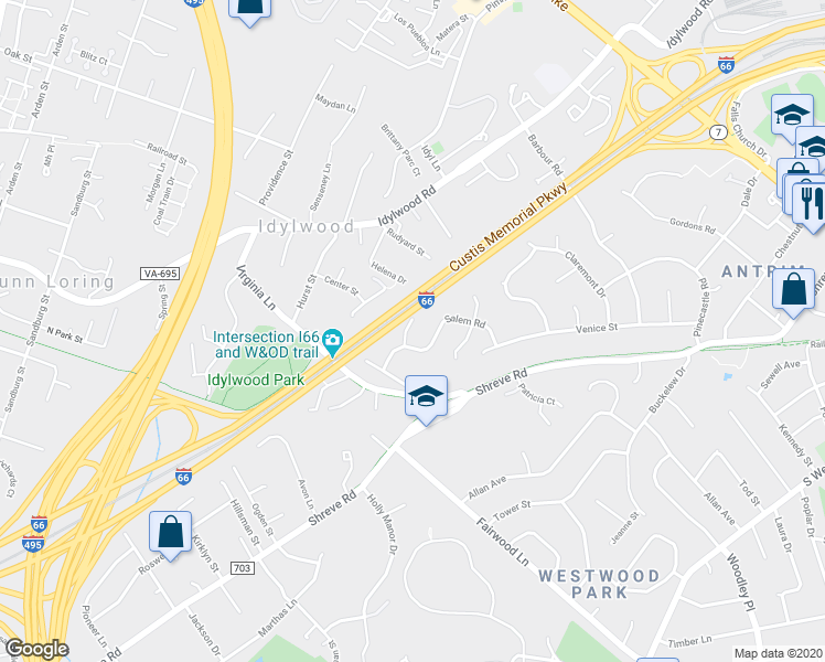 map of restaurants, bars, coffee shops, grocery stores, and more near 2427 Center Street in Falls Church