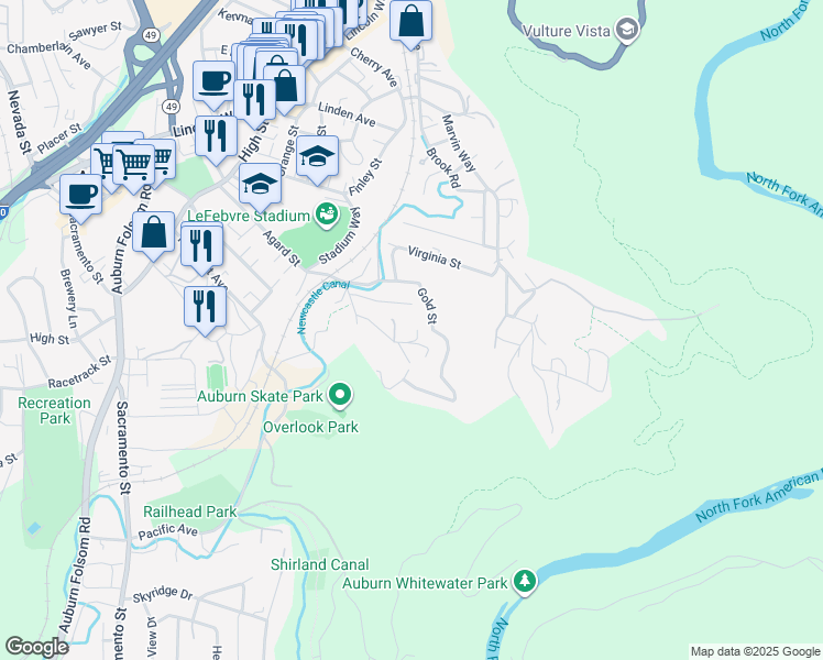 map of restaurants, bars, coffee shops, grocery stores, and more near 145 Woodcrest Way in Auburn